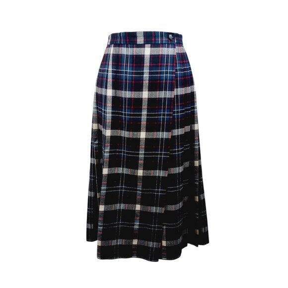 F.A. Chatta Dresses & Skirts - Vintage F.A. Chatta SZ 10 Wool Plaid Pleated Wrap Skirt, Navy/Red/Cream Academia
